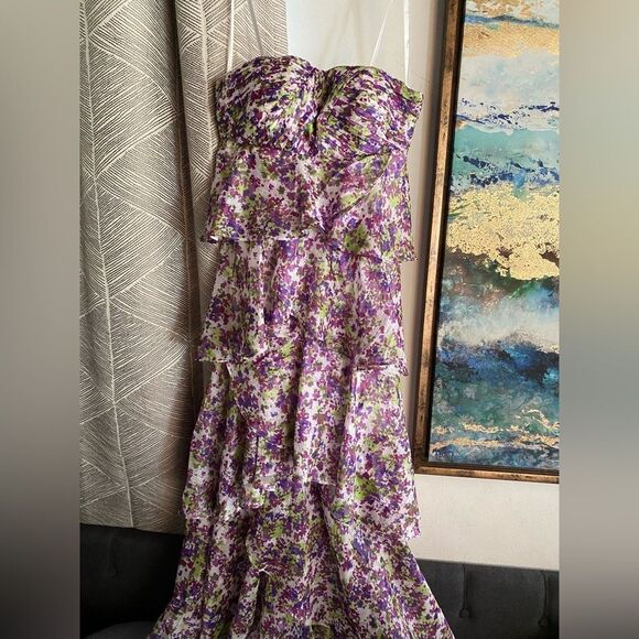 AIDAN AIDAN MATTOX Womens Maxi Dress Strapless Floral Purple Ruffles Chiffon 2 - Picture 3 of 14